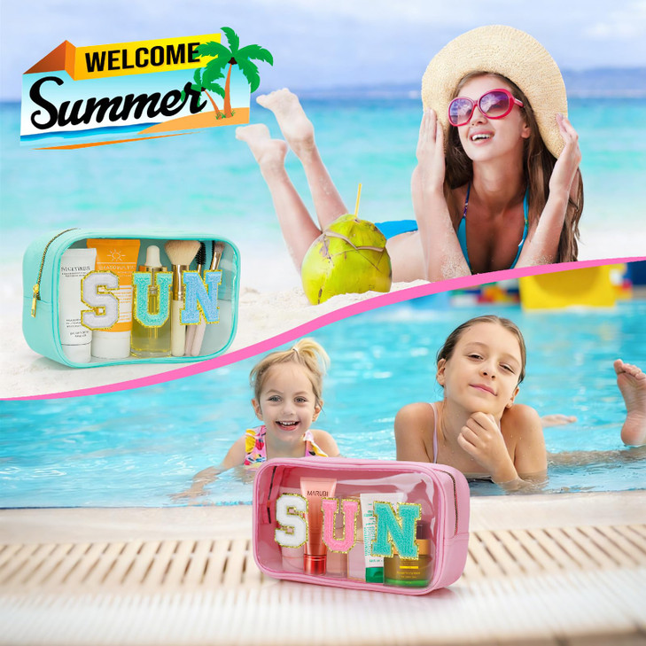 Easter Basket Gifts Clear Makeup Bag,Waterproof Sunscreen Bag with Letter Patches,Travel Beach Pool Bag,Personalized Travel Toiletry Cosmetic Bags Gi