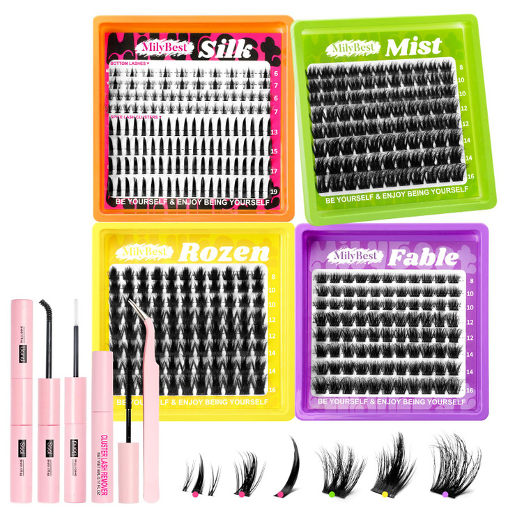 MilyBest 4 Styles Lash Clusters Kit, Silk/Rozen/Fable/Mist Bottom Eyelash Clusters Extensions Mini Boxes with Lash Bond & Seal, Remover and Lash Twee