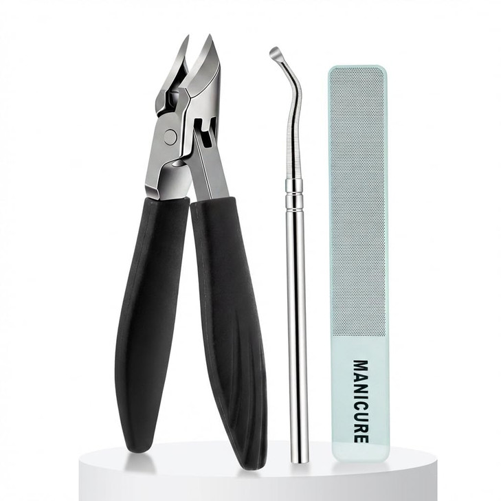 Nail Clippers Set for Seniors Thick Toenails, Ingrown 30° Slanted Eagle-Beak Clipper with Wide Jaw Opening, Anti-Splash Catcher, Long Handle Stainles