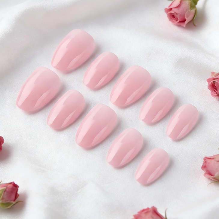 Light Pink Press On Nails Short Almond Fake Nails Solid Color Glossy Full Cover Stick On Nail for Women Manicure 32Pcs