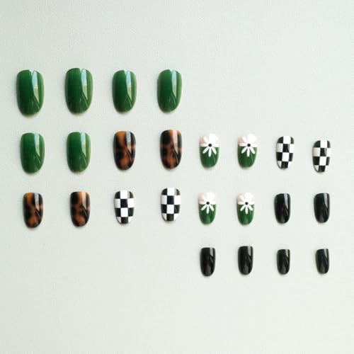 Spring Press on Nails Medium Oval Fake Nails Tortoiseshell False Nails Press ons with Flower, Checkered Design,Cute Reusable Artificial Nail Full Cov