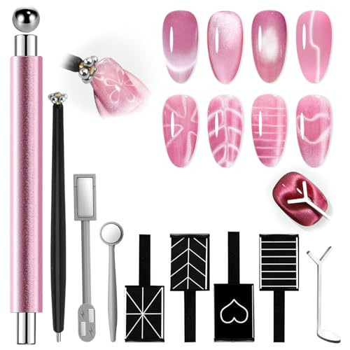 10 PCS Cat Eye Magnet for Nails, 3-in-1 Powerful Magnet Set with Ball & Heart & Flower, Multi-Effect Nail Design Tools at Home (Rose Gold)