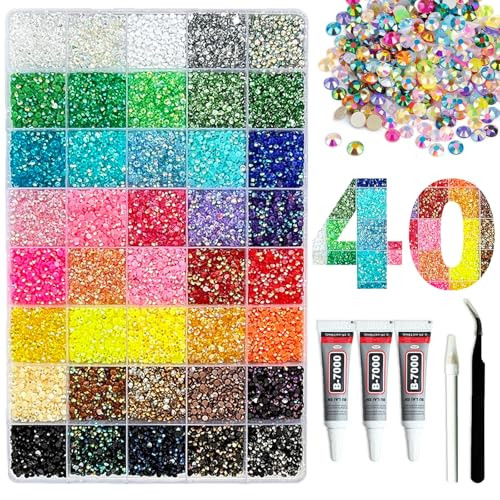 36000Pcs Resin Jelly Rhinestones for Bedazzling,40 Colors 3mm Flatback Gems Bedazzling Kit with 3Pcs 10ml B7000 Glue for Clothing Nail Art Shoes Craf