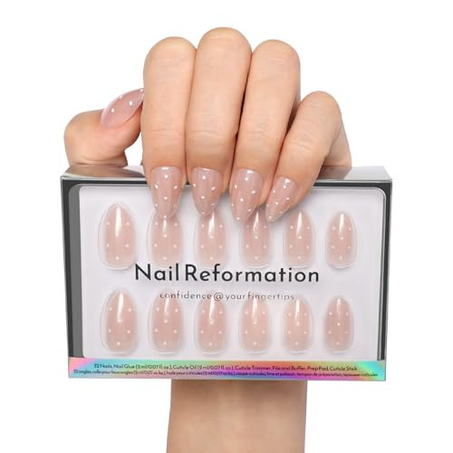 Nail Reformation Press On Nails, Milk Dots | Polka Dot Short Almond Fake Nails on Pink Shimmer Base in Glossy Finish, Reusable Stick On False Nails i
