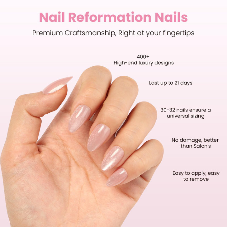 Nail Reformation Press On Nails, Soft Pink Short Almond Fake Nails with Velvet Cat Eye in Glossy Finish, Salon Quality, Reusable Stick On Nails in 16