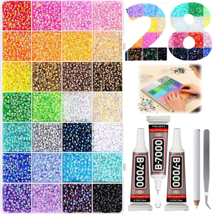 Multicolor High-Gloss Resin Flatback Rhinestones (3mm) with 3Pcs B7000 Jewelry Glue - DIY Bedazzling Kit for Diamond Art, Nail Art & Crafts (30000)