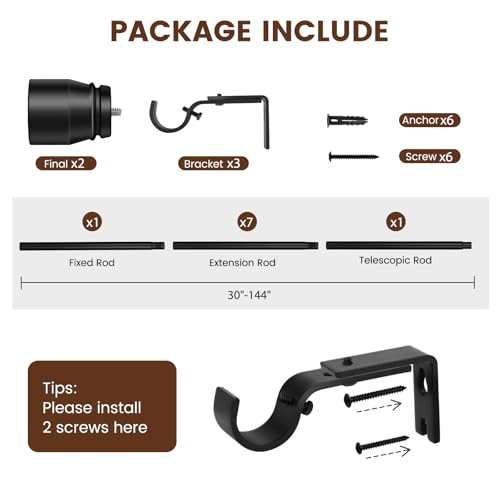 1 Diameter Curtain Rods Itself is 30 to144 inch 1 Pack Fit 30-142 inch, 66 to 120 inch Window with Heavy Duty Adjustable Rod Matte Black Splicing Me