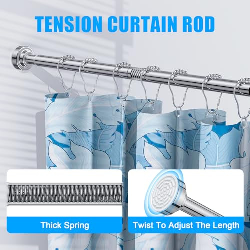 TEECK Shower Curtain Rod, 32-80 inch Adjustable Spring Tension Curtain Rod, Never Rust Anti-Slip Shower Curtain Rod for Bathroom, No Drilling, Never