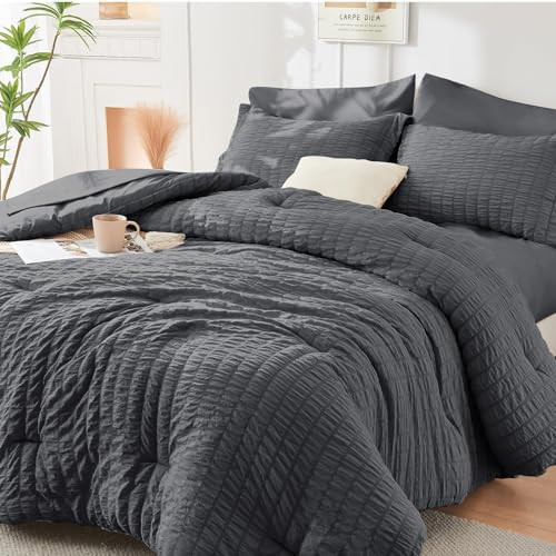 HYMOKEGE Queen Comforter Set Seersucker 7 Pieces, All Season Luxury Bed in a Bag for Bedroom, Bedding Set with Comforters, Sheets, Pillowcases & Sham
