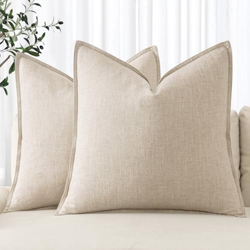MIULEE Decorative Linen Euro Sham Pillow Covers 24x24 Natural Beige Boho Farmhouse Neutral Couch Throw Pillows for Bed Pack of 2 Accent Modern Pillow