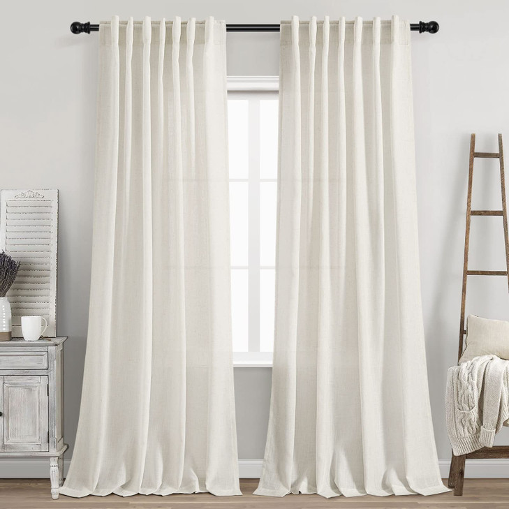Cream Linen Back Tab Curtains 84 Inch Length for Living Room 2 Panel Set Neutral Modern Farmhouse Window Privacy Semi Sheer Linen Drapes Rustic Pinch