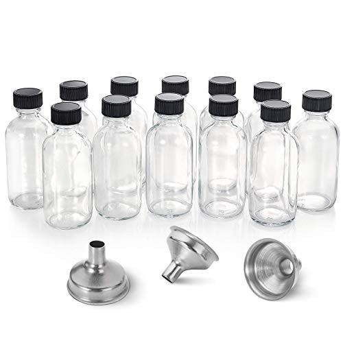 AOZITA 12 Pack, 2 oz Small Clear Glass Bottles w/Lid & 3 Funnels - 60ml Boston Shot Bottles for Health, Immunity, Potion, Wellness, Sample, Ginger, J