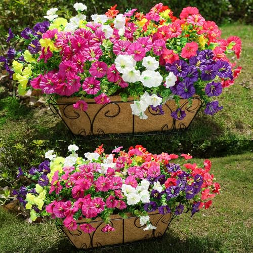 HyeFlora Artificial Flowers for Outdoors Fake Plants Outside Decoration, 12 Bundles Silk Colorful Morning Glory with Eucalyptus UV Resistant Realisti