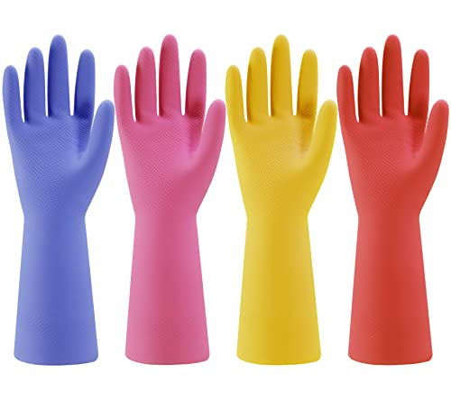 Rubber Kitchen Dishwashing Gloves - 4 Pairs Colorful Reusable Household Cleaning Gloves for Washing Dishes and Cleaning Tasks, Flexible Long-lasting