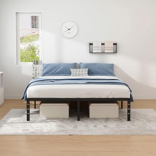 NEW JETO Metal Bed Frame,Queen Size Bed Frame with Storage Space,Heavy Duty Sturdy Mattress Foundation,Easy Assembly,No Box Spring Needed, Black,14 I