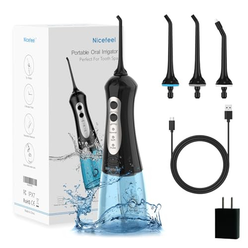 Cordless Water Flosser Teeth Cleaner, Nicefeel 300ML Portable and Rechargeable Oral Irrigator for Travel, IPX7 Waterproof, 3-Mode Water Flossing with