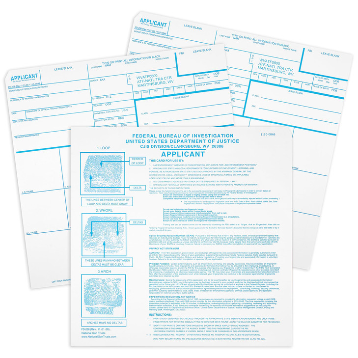 National Gun Trusts - Made in USA - FD-258 Fingerprint Cards 2026, 3 pack - 11-1-20 Version (ATF ORI)