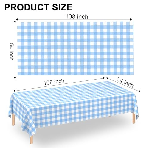 2 Pack Light Blue Gingham Tablecloth Rectangular Pale Blue and White Checkered Tablecloths Disposable Plastic Plaid Table Cover for Parties, Outdoor