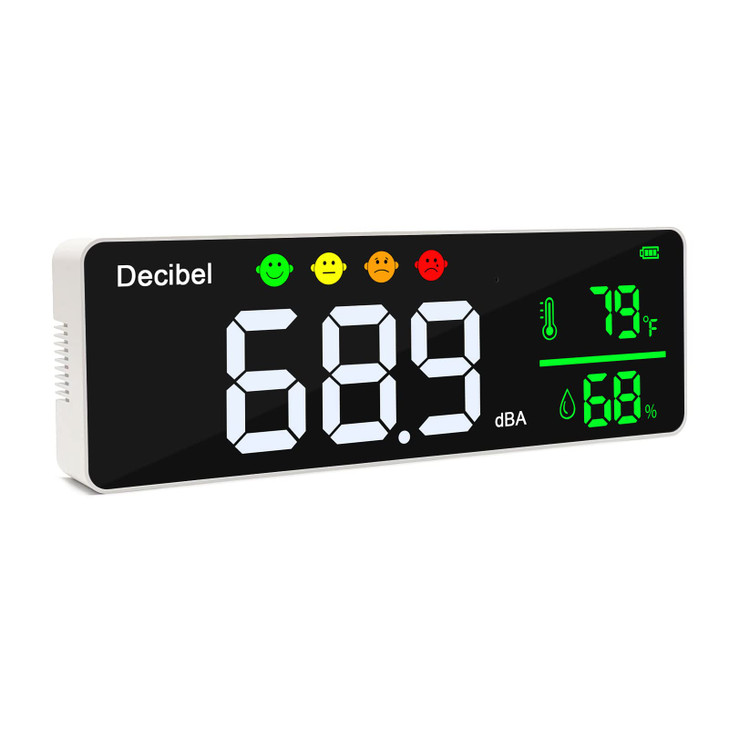 Decibel Meter Wall Hanging Sound Level Meter 11 inch Large LED Display Noise Temperature Humidity Meter with Alarm Icons Indicator Wide Applications