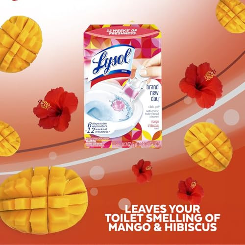 Lysol Click Gel Automatic Toilet Bowl Cleaner, Toilet Gel Stamp, Toilet Freshener, Bathroom Essentials, Refreshing Mango & Hibiscus Scent, 6 Count (P