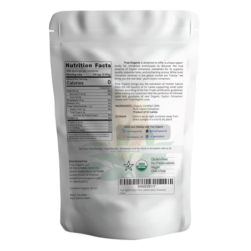 True Organic Pure Ceylon Cinnamon Powder, 1 lb, Premium Grade, Gluten Free, USDA & Kosher Certified, Organic Ground Cinnamon powder, Non-GMO, Ceylon