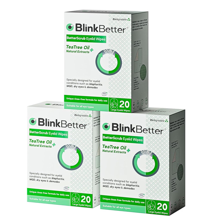BlinkBetter Tea Tree Oil Eyelid Wipes- 60 (Pack of 3) Natural Blepharitis, MGD & Dry Eye Relief Wipes | Cleansing, Soothing, Dual-Textured, Triple Mo