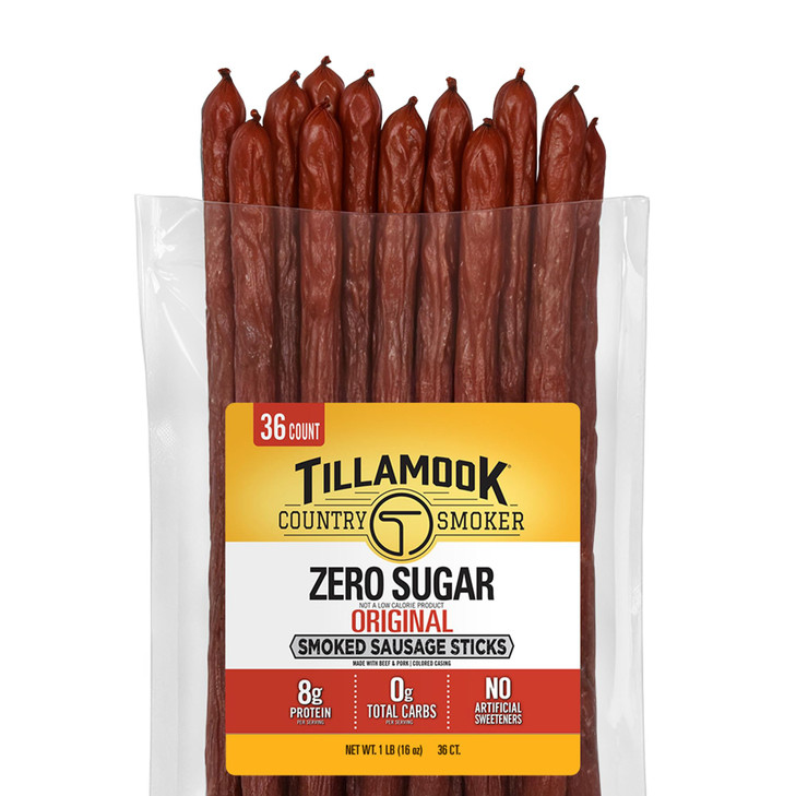 Tillamook Country Smoker Smoked Sausage, Zero Sugar, Original, 16 Ounce (36 Count Meat Sticks Bulk Pack) Real Hardwood Smoked Sausages, Low Carb, Hig