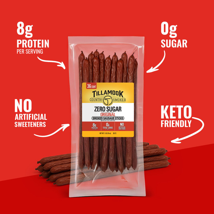 Tillamook Country Smoker Smoked Sausage, Zero Sugar, Original, 16 Ounce (36 Count Meat Sticks Bulk Pack) Real Hardwood Smoked Sausages, Low Carb, Hig