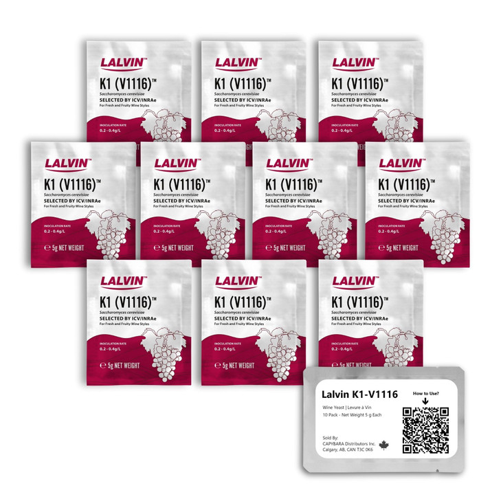 Lalvin K1-V1116 Wine Yeast (10 Pack) - Make Wine Cider Mead Kombucha At Home - 5 g Sachets - Saccharomyces cerevisiae - Sold by CAPYBARA Distributors