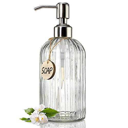 JASAI 18 Oz Clear Glass Soap Dispenser with Rust Proof Stainless Steel Pump, Refillable Liquid Hand soap Dispenser for Bathroom, Premium Kitchen Soap