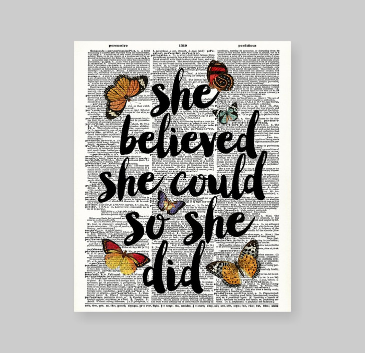 Susie Arts 8X10 Unframed She Believed she Could so she did Quote Art Upcycled Vintage Dictionary Art Print Book Art Print Home Decor Wall Art V139