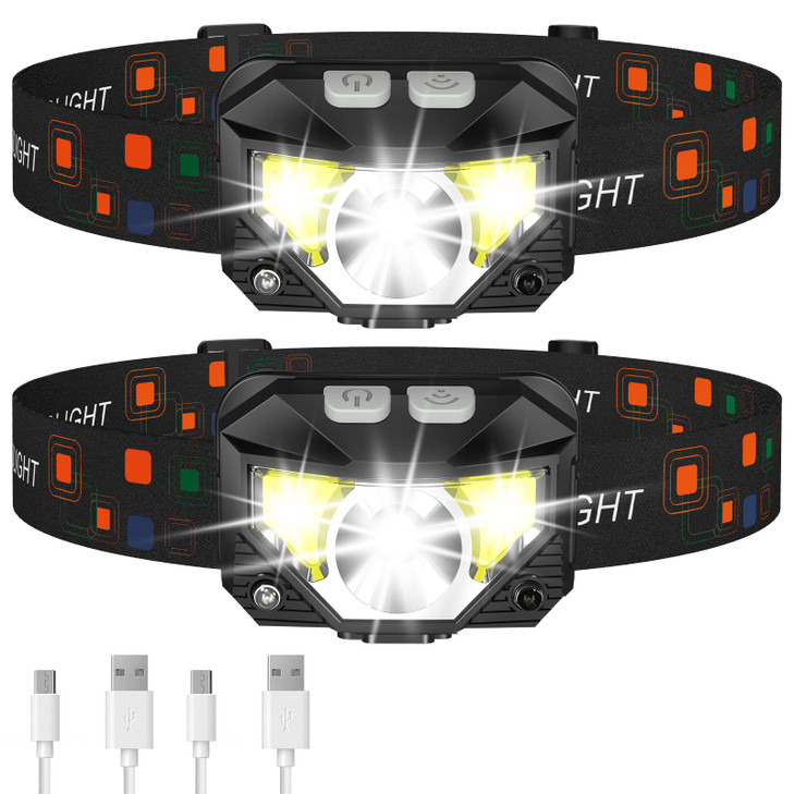 LHKNL Headlamp Flashlight, Lumen Ultra-Light Bright LED Rechargeable Headlight with White Red Light, 2-Pack Waterproof Motion Sensor Head Lamp,8 Mode