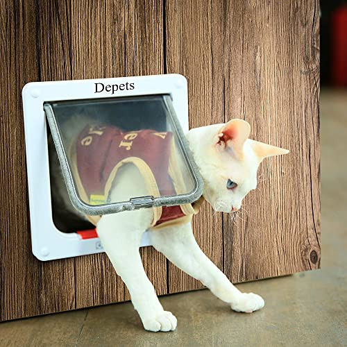 Depets Medium Cat Flap Door with 4 Way Lock (Outer Size 7.5" x 7.8"), Magnetic Pet Door Kit White, Weather-Resistant Cat Door for Cats & Doggy
