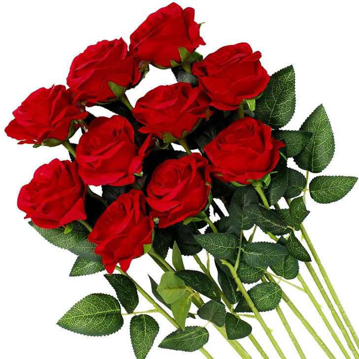 Veryhome Artificial Flowers Silk Roses Fake Bridal Wedding Bouquet for Home Garden Party Floral Decor 10 Pcs (Red Curved stem)