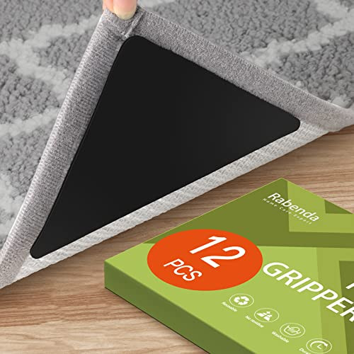 Rabenda 12 Pcs Rug Tape, Non Slip Rug Pads Grippers for Hardwood Floors and Tiles, Reusable Carpet Tape for Area Rugs, Double-Sided Adhesive Rug Stic