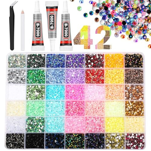 Ayzololo 42 Colors Resin Jelly Rhinestones for Bedazzling, 3mm 32000Pcs Flatback Gems Bedazzler Kit with 3Pcs 10ml B7000 Glue, Tweezer & Pickup Pen f