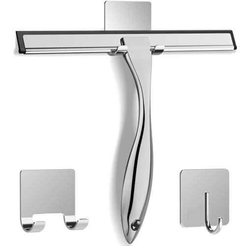 All-Purpose Stainless Steel Shower Squeegee for Shower Glass Door with 2 Adhesive Hooks, Bathroom Cleaner Tool Household Window Mirror Squeegee , Cle