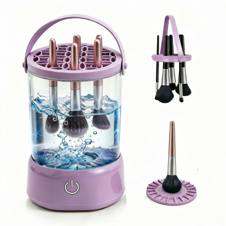 Makeup Brush Cleaner - 9000 RPM Electric Makeup Brush Cleaning Machine, IP65 Portable Make up Brush Cleaner for Makeup Sponges and Brushes (Purple) (