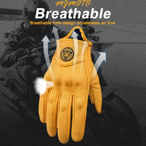 mjmoto Yellow Classic Goat Leather Motorcycle Gloves with Hole Summer Cycling Bicycle Riding Gloves for Motorcyclist Protective Gloves (Yellow, Large