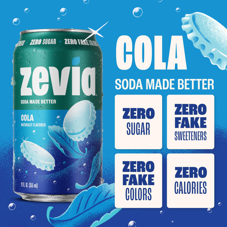 Zevia Zero Sugar Soda, Cola, 12 oz Cans (24-Pack)  Naturally Sweetened, Zero Calorie Sugar Free Soda - Non-GMO Project Verified, Gluten-Free, Vegan