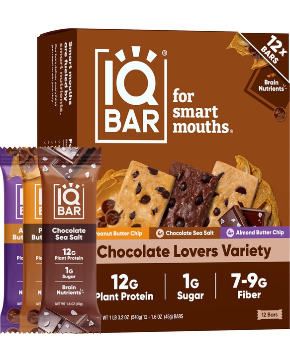 IQBAR Clean Plant Protein Bars - Chocolate Lovers Variety - 12 Count - Keto, Vegan, High Fiber, Gluten and Dairy Free, Low Sugar Snack - Brain and Bo