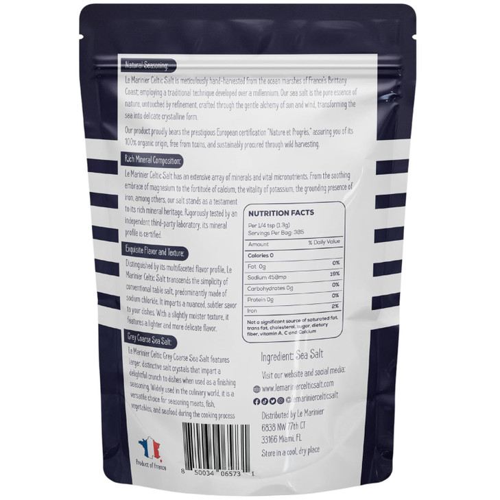 Le Marinier Celtic Salt Organic Grey Coarse, 1.1lb - 18oz. Mineral Rich 100% Natural and Unrefined French Sea Salt Organic. Hand Harvested Mineral Se