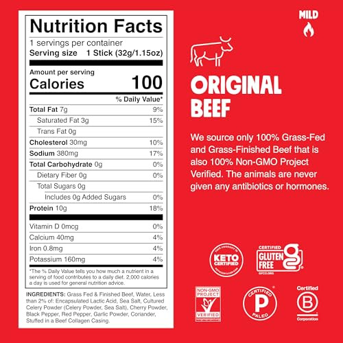 Chomps Grass-Fed and Finished Original Beef Jerky Snack Sticks 10-Pack - Keto, Paleo, Whole30, 10g Lean Meat Protein, Gluten-Free, Zero Sugar Food, N