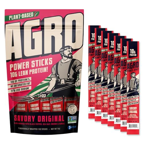 AGRO POWER Vegan Jerky Sticks, 10g Protein per Stick, Savory Original Plant-Based, 7 Stick Bag, Non-GMO, 40% Less Sodium, Zero Cholesterol, Meat Alte