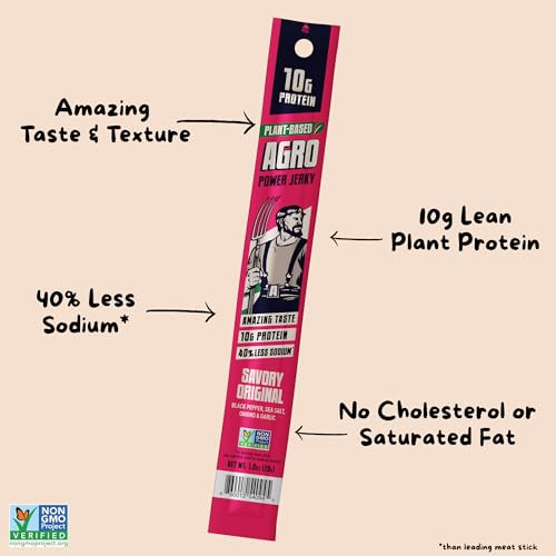 AGRO POWER Vegan Jerky Sticks, 10g Protein per Stick, Savory Original Plant-Based, 7 Stick Bag, Non-GMO, 40% Less Sodium, Zero Cholesterol, Meat Alte