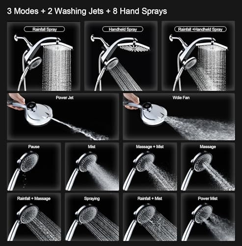 High Pressure Rain Shower Head: Upgrade Shower Heads with Handheld Spray Combo with Fixed Showerhead and 10 Sprays Handheld Shower Head, Detachable S