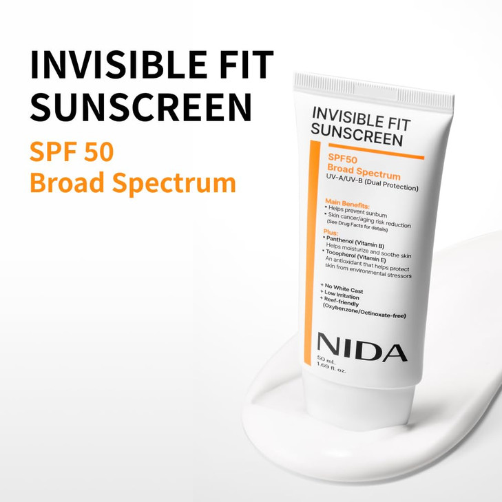 NIDA Invisible Fit Sunscreen SPF 50 Broad Spectrum UV-A/UV-B Protection | No White Cast, Low Irritation, Hydrating Lotion-like Lightweight Glow Sunsc