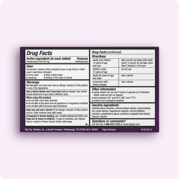 Allegra Adult 12-Hour Allergy Relief Tablets, Non-Drowsy Indoor and Outdoor