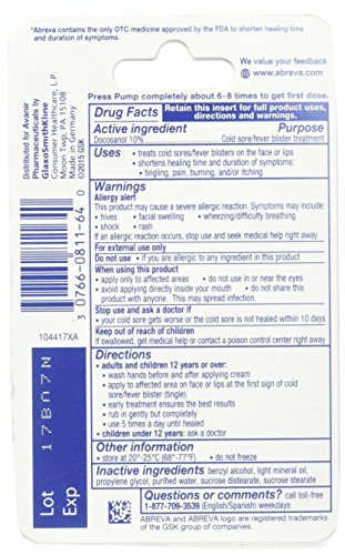 Abreva Cold Sore/Fever Blister Treatment, Pump 0.07 oz (2 g) (Abreva Pump)