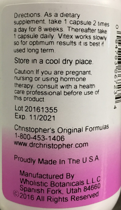 Dr. Christopher's Formula Chaste Tree Berries, 100 VCaps 525 Milligrams